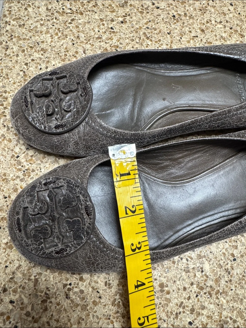 Tory Burch Distressed Brown Leather Logo Ballet Flats
